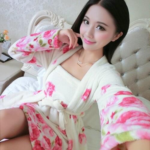 Warm Purple Flower Women Home Wear Nightgown Flannel Long Sleeve Home Clothing Sleepwear Negligee Thick Bow Soft Sleepwear