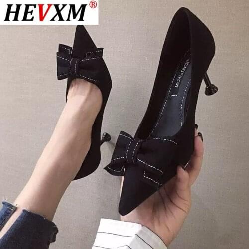 HEVXM women fashion black bow tie high quality slip on party stiletto ladies casual beige high heel shoes for office 2021