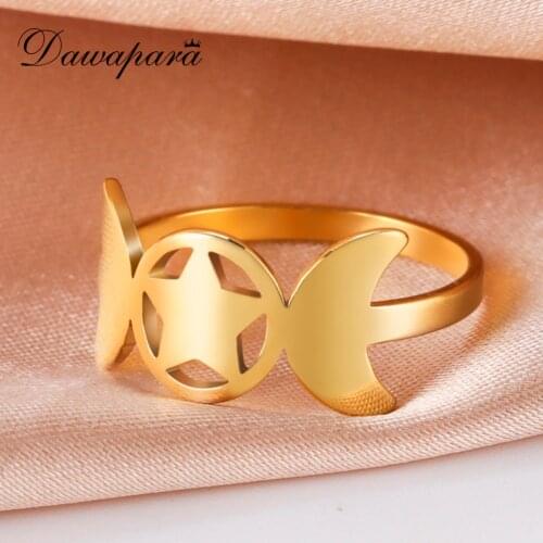 Dawapara Vintage Ring hollow Triple Moon Goddess Wicca Witchcraft Pentagram Finger Rings Stainless Steel Jewelry
