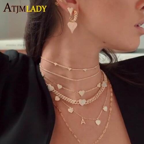 2021 Valentines Day Gift For Girlfriend Iced Out Bling 5A CZ Heart Charm Double Row CZ Cuban Link Chain Fashion Women Necklace