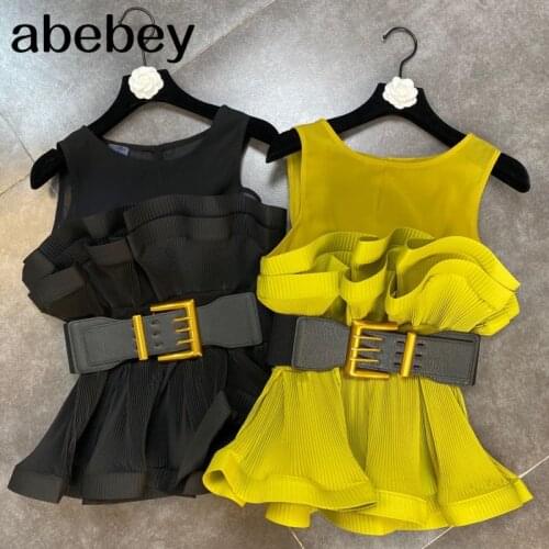 2021 Summer New Design Sleeveless O Neck Ruffles Short Slim Blouse With Belt Women High Street Fashion Tide