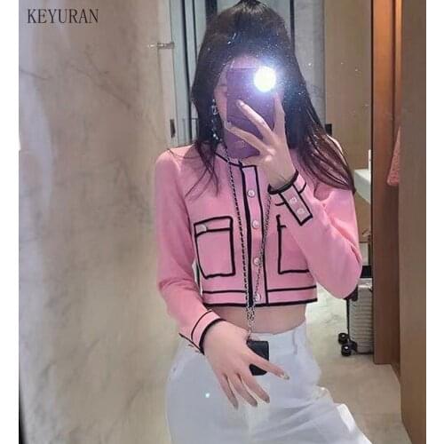 Runway Sweater Cardigan Women 2021 Spring Round neck Single Breasted Pink/Red Knitted Jacket Ladies Elegant Knitting Outwear Top