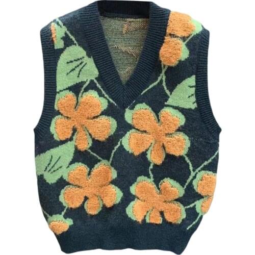 Y2K Ladies Leisure Style Knitted Vest Autumn Girls Creative V-neck Sleeveless Floral Knitwear Casual Loose Tops