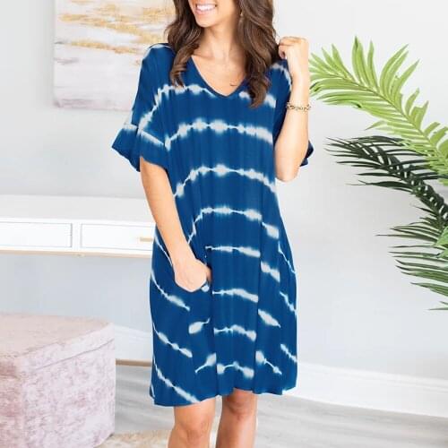 2021 New Summer Short Sleeve Swing Dress Women Tie-Dye T Shirt Dresses with Pockets Female Casual V Neck Loose Tunic Dress D30