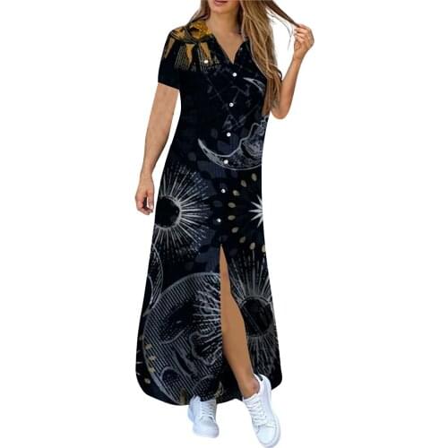 40# Pocket Button Shirt Dress Women Print Casual Loose Robe Lapel Short Sleeve Summer Dress Vintage Long Maxi Dresses Vestidos