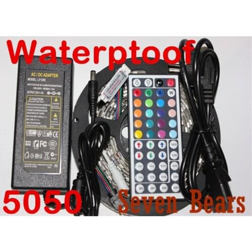White PCB Board 5050 LED RGB Strip 5M IP65 Led Tape Waterproof 300 LEDs/Roll +Mini 44 keys IR Remote+12v 5a power supply