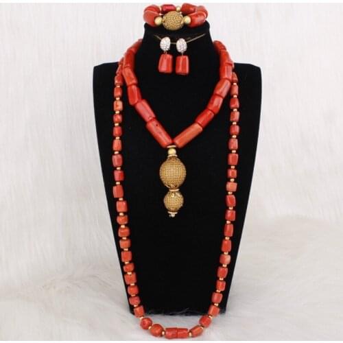 Dudo Orange Nature Coral and Gold Beaded Balls Necklace Set With Bracelet Earrings 2 Layers High Quality Nigerian Wedding Bridal