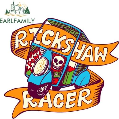 EARLFAMILY 13cm x 11.4cm Cartoon Rickshaw Racer Vinyl Sticker Skull Car Styling Reflective Car Sticker Waterproof Car Decoration