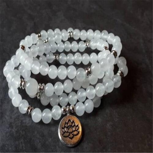 6mm Moonstone 108 Beads Gemstone Lotus Pendant Mala Bracelet Cuff Unisex Fancy Bless Handmade Meditation Healing