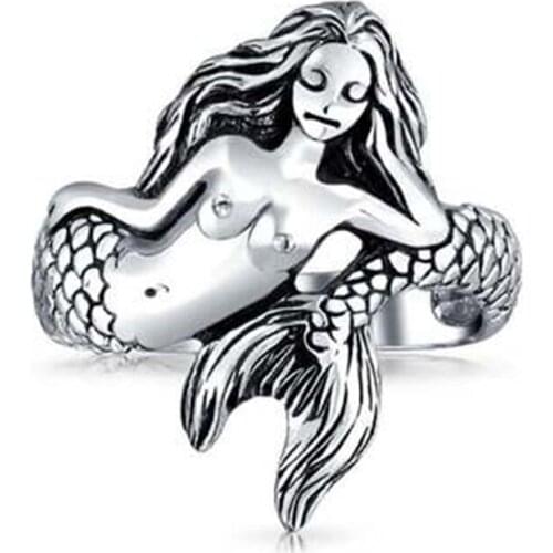 Ring for Women Vintage Old silver color Mermaid Ring Unique Style Beautiful Girl Engagement Wedding Party Ring Hand Jewelry