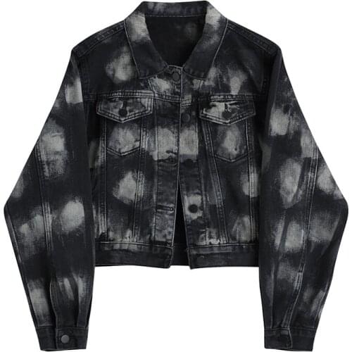 Korean Female Short Vintage Tie-dye Denim Jacket Loose Casual Black Gray Lapel Long Sleeve 2021 Spring Autumn New Women Clothing