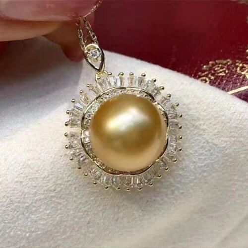 HENGSHENG Hot Selling Bright 11-12mm Natural-Ocean Golden Pearls Pendant Real 925 Sterling Silver Pendant Fine Jewelry For Women