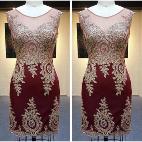 Mini 2019 Short Cocktail Dress Sheer Scoop Sleeveless Golden Lace Beaded Formal Prom Cocktail Gown Mother Of The Bridal Dress