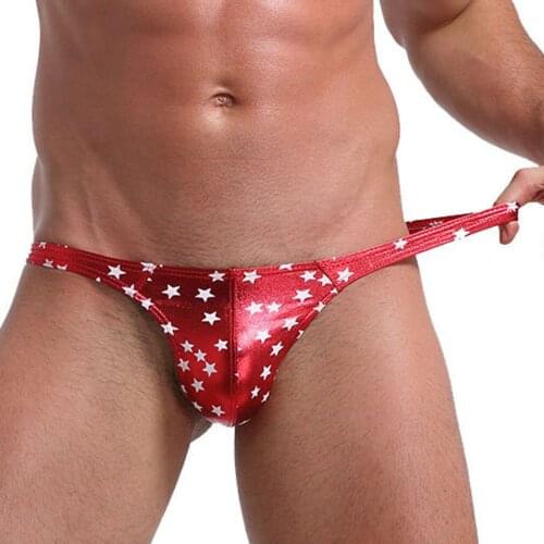Mens Sexy Low Rise PU Thongs Underwear Star Print U Convex Briefs Pouch T-Back Breathable Male Underpants G-string Bikini