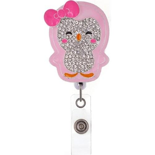Customized Animal Shape Cute Penguins Rhinestone Retractable Badge Holder Reel
