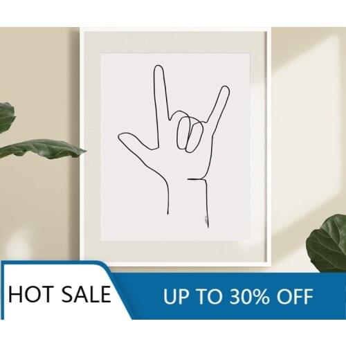 I Love You Sign Hand Language Continuous Line Drawing Wall Art Canvas Painting Poster Print Black White Minimalist Sketch Pictur
