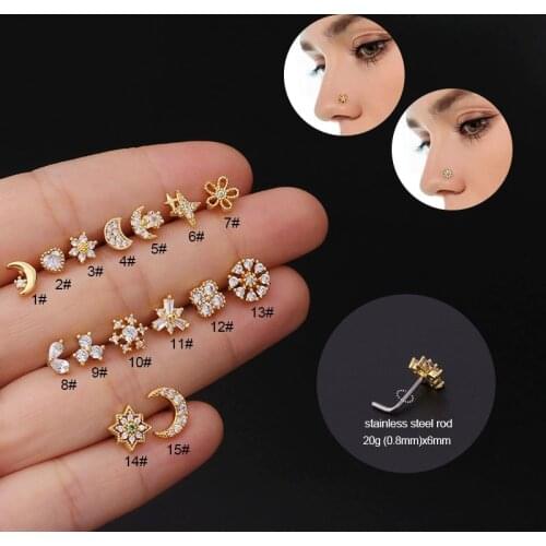 New 316L Gold L-Shaped Surgical Stainless Steel Bar with Copper CZ Nose Rings for Women Nose Stud Piercing Jewelry