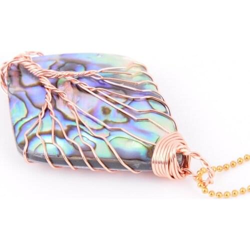 Natural Stone Rhombus Abalone Shell Pendant Protective Copper Line Wrapped Tree of Life Necklace for Women Fashion Jewelry D544