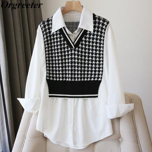Fake Two piece Women‘shirt 2021 Fashion Lapel Loose Long Sleeve Striped Sliicing Knitted Vest Blouse Houndstooth Patchwork Tops