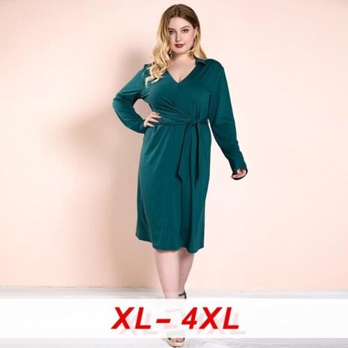 Spring New OL Long Sleeves V Neck Low-cut Dresses Belt Plus Size Loose Casual Dress Women Office Elegant Belted Wrap Party Dress