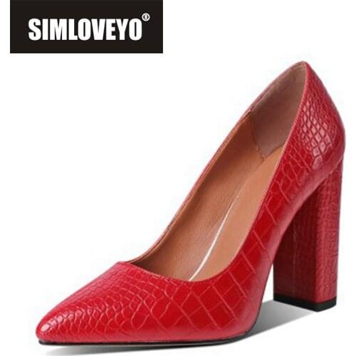 SIMLOVEYO New 2021 Women Pumps Pointed Toe 10cm High Block Heels Crocodile Leather Slip-On Classic Sexy Luxury Big Size 43 B2484