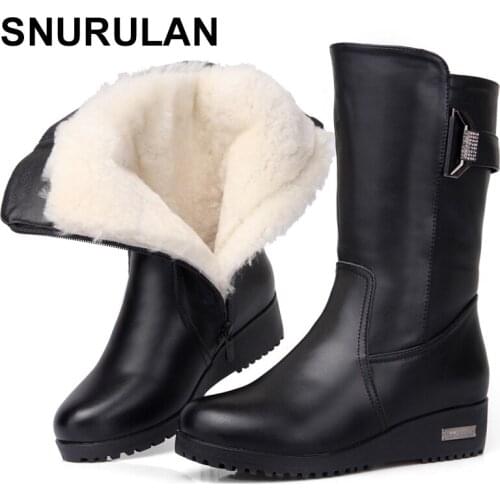 SNURULAN2018 New women genuine leather boots plus cotton lady boots thick wool warm cotton wool shoes best quality for womenE556