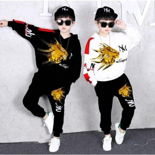 2Pcs Teen Kids Clothes Boys Girls Hip-hop Dance Costumes Gold Lion Print Tracksuit Hoodies & Sweat Pants Children Autumn Outfits