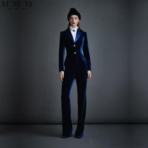 Dark Blue Velvet Womens Business Suits Formal Office Pant Suits Female Work Wear 2 Piece Sets Slim Fit Uniform Designs Blazers