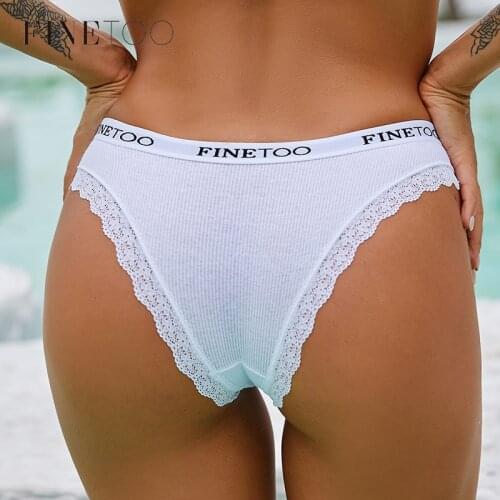 FINETOO 2Pcs/Set Cotton Panties for Women Sexy Ladies Lace G-string Solid Color Thongs Girls Plus Size M-2XL Underwear Lingerie