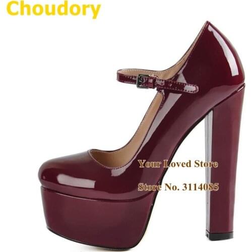 Choudory Wine Red Chunky Heels Dress Pumps High Platfrom Ankle Strap Party Shoes Women High Heels Wedding Shoes Size45