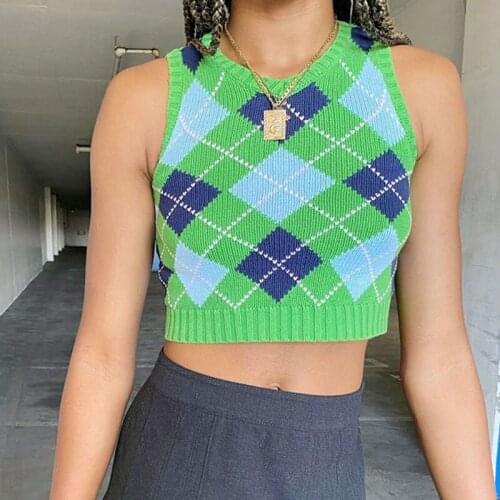 Uclio Womens European and American College Wind Diamond Plaid V-Neck Knit Sweater Womens Sleeveless Base Top Green