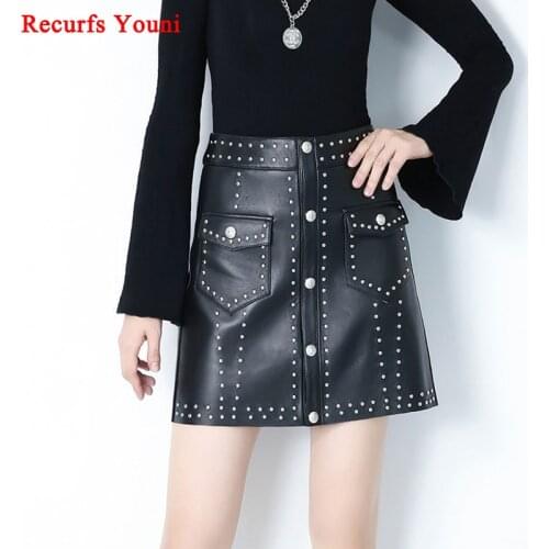 RYS9306 Lady Winter Punk Style Genuine Leather Thin Short Skirts Womens Sexy High Waisted Rivets Pockets Etek Saia Streetwear