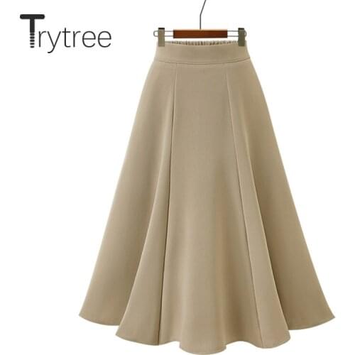 Trytree Autumn Winter Women Casual Skirt Solid 3 Colour Zipper Ruffles Skirt Fashion A-line Loose Mid-Calf Office Lady Skirt