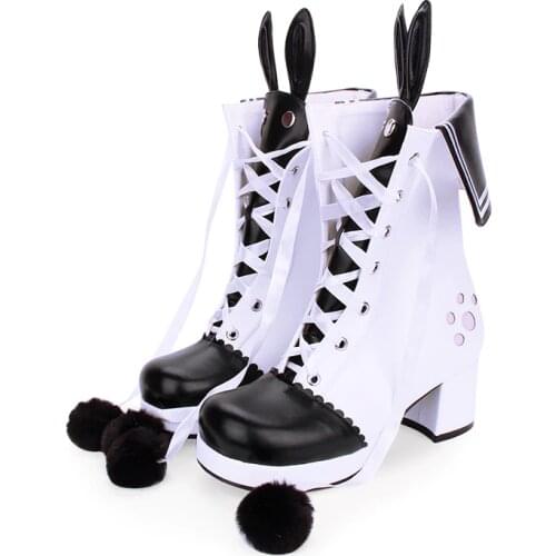 Women Lolita Cosplay Bunny Ear Leather Mid Calf Lace-up Winter Boots with Balls