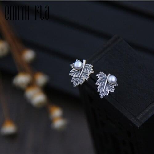 Emith Fla 925 Sterling Sliver Fashion Jewelry Maple Leaf Silver Stud Earrings for Women Trend Earrings Thai Silver Earrings Gift