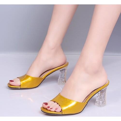 Golden PU Leather Shallow Comfortable Slides Sexy Peep Toe Light Non-Slip High Heels 2021 Summer New Arrival Woman Slippers
