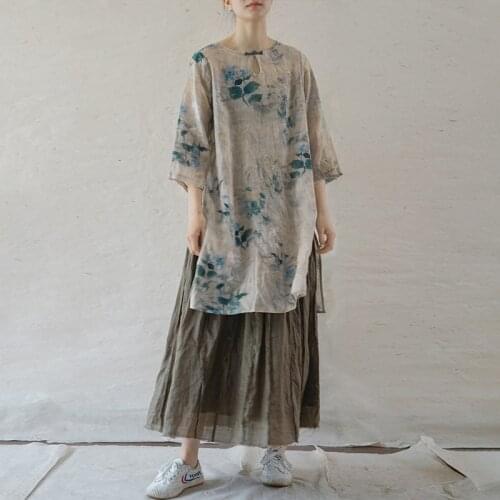 Johnature Women Vintage Ramie Print Floral Shirts And Tops 2021 Summer New O-Neck Short Sleeve Loose A-Line Chinese Style Shirts