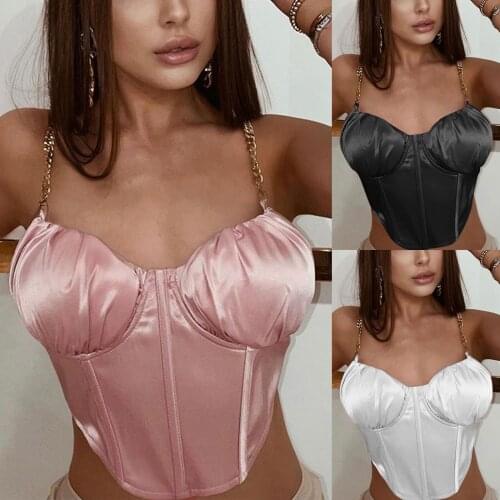 Female Solid Color Camisole Chain Strap Wrapped Chest Slim Summer Sleeveless V-Neck Pleated Cropped Sling Tops for Dating