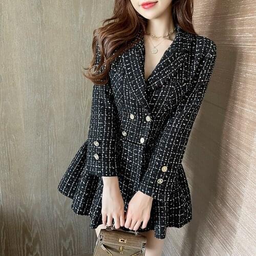 Twicefanx Autumn New Womens Elegant Tweed Temperament Suit Double Breasted High Waist Slim Pleated Plaid Black Mini Dress 818A