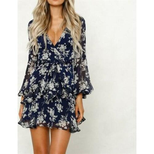 Womens Boho Floral Chiffon Dress Sexy Long Sleeve Party Evening Beach Short Mini Dress 2019 New Female Fashion Sundress Vestidos