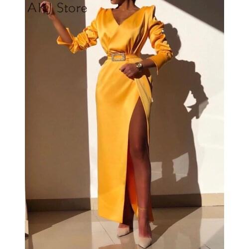Women High Slit Puff Sleeve Party Dress With Belt Party Vestidos Femme Maxi Dresses