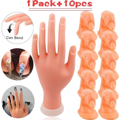 1pcs Nail Art Practice Flexible Soft Model Hand+5/10pcs Plastic Fake Finger Acrylic Training Display Model Manicure Nails Tools