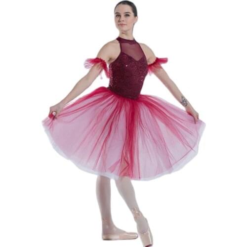 Burgundy Unitard with Sequin Lace Sleeveless Halter Neck Costumes Women & Child Dance Ballet Dress Adult Dancing Skirt 19333