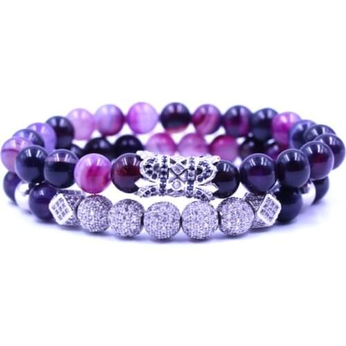 8mm 2PCS/Set f32 gold elastic adjusted nature Purple bead micro pave cz zircon cubic zirconia tube Bracelet Jewelry