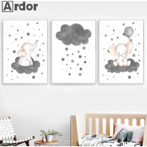 Abstract Elephant Wall Art Poster Cloud Star Art Print Gray Balloon Canvas Painting Nordic Pictures Baby Kids Room Home Decor