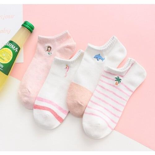 Caramella 4Pairs/Lot Cotton Korean Style Womens Socks Ankle Low Female Invisible Short Socks Mermaid Ladies Boat Sock Slipper