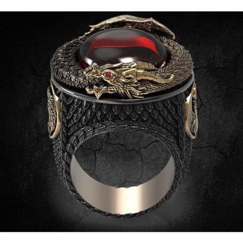 Vintage Men Ring Classic Gold Color Dragon Jewelry Stainless Steel Gothic Punk Red Crystal Rings for Male Party Anniversary Gift