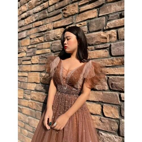 Brown Evening Dresses Long Luxury Gowns Fashion Ladies Partydress With Diamond Formal Dress