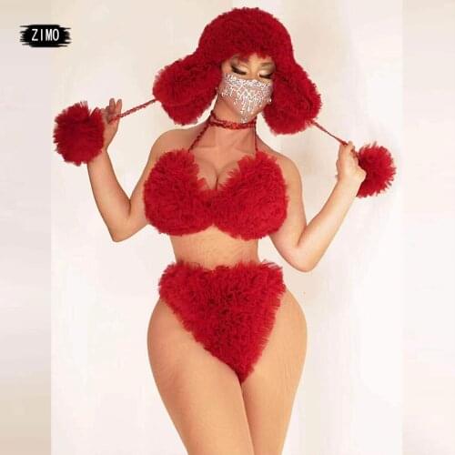 Three piece Costume Christmas nightclub sets lace white red Stage Party Outfits With sexy bra Hood and pants cheerleader womens