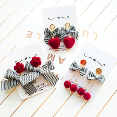 Trendy New Spring Earrings Lattice Bowknot Flocking Earrings For Women Sweet and Cute Heart Pendientes Drop Dangler Jewelry